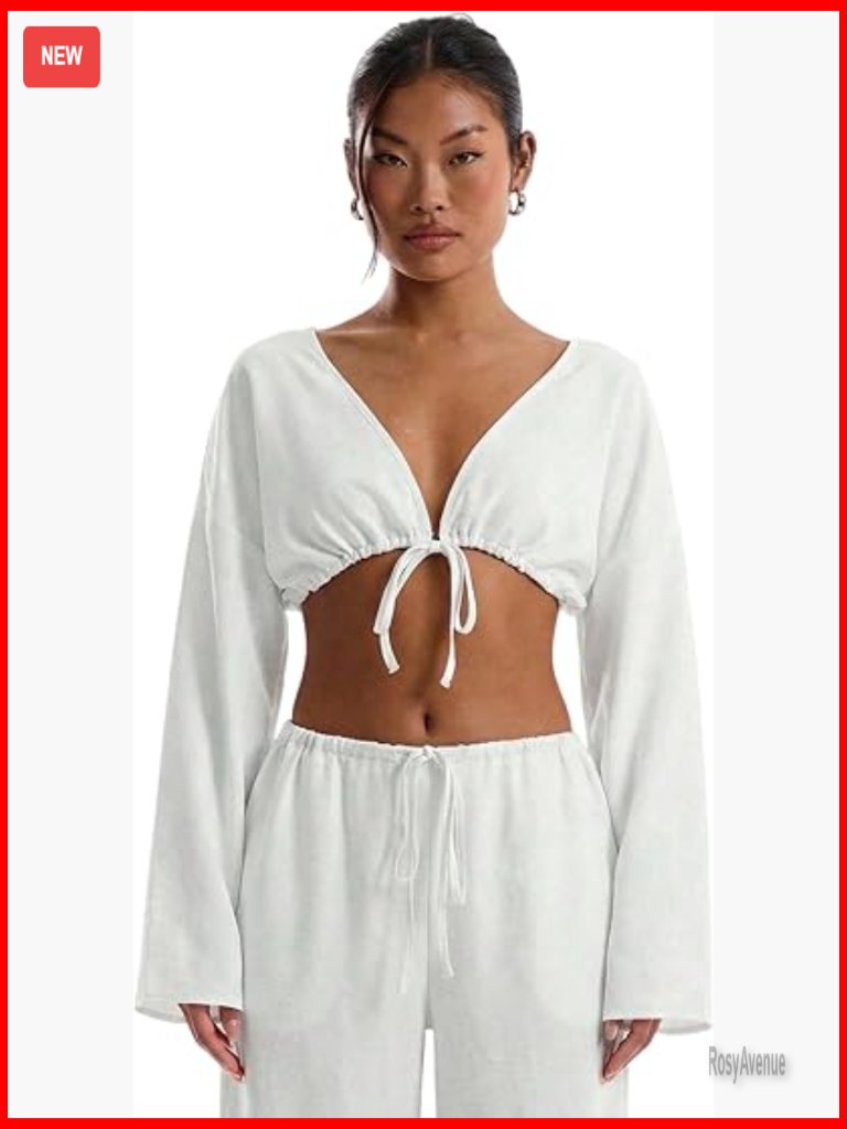 Tie Front Long Sleeve Loose Crop Blouse Deep V Neck Beach Top